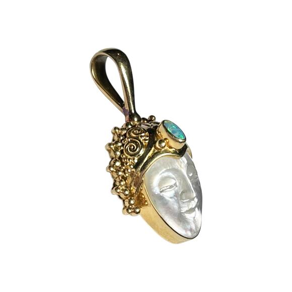 18K Gold SAJEN Goddess PENDANT Mother Of Pearl Carved Face Opal Gemstone Signed - Picture 5 of 7